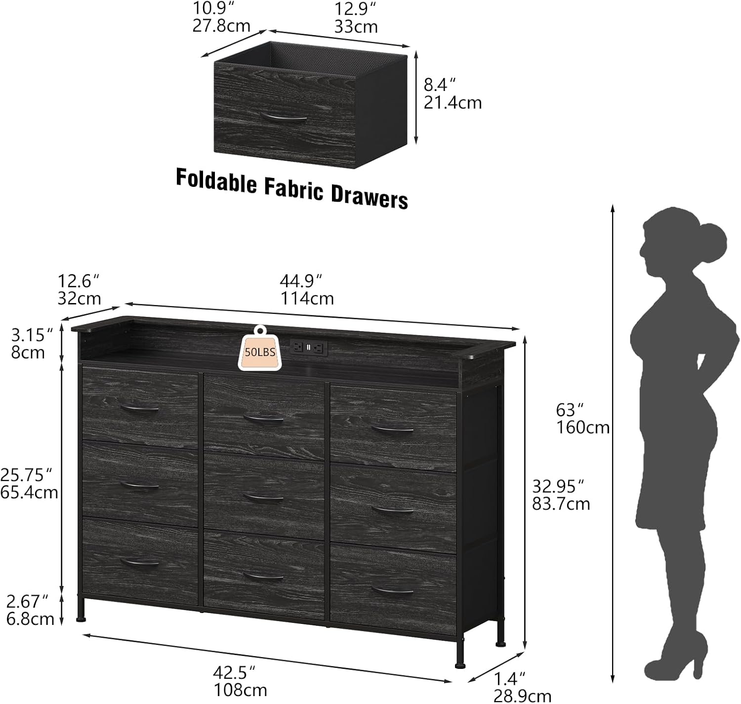 EXOTICA Black Dresser with Charging Station 9 Drawers Dresser with LED Light and USB Ports Fabric Dressers for Bedroom Hallway Entryway Closets Sturdy Steel Frame Wood Top