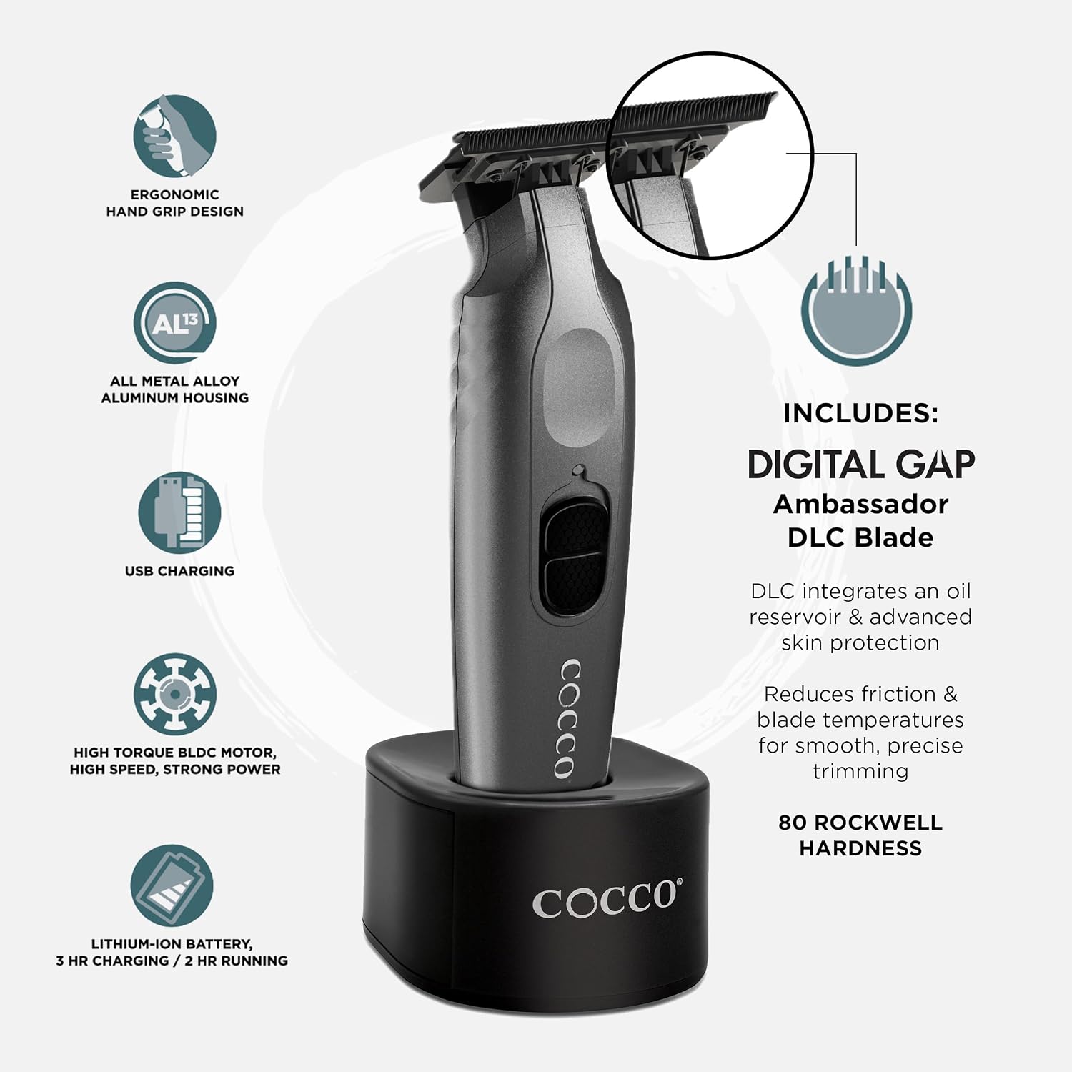 Cocco Veloce Pro Trimmer, Digital Gap Ambassador DLC Blade Edger | High-Torque Brushless BLDC Motor, Cordless, All-Metal Design, Lithium-Ion Battery, Charging Base Included
