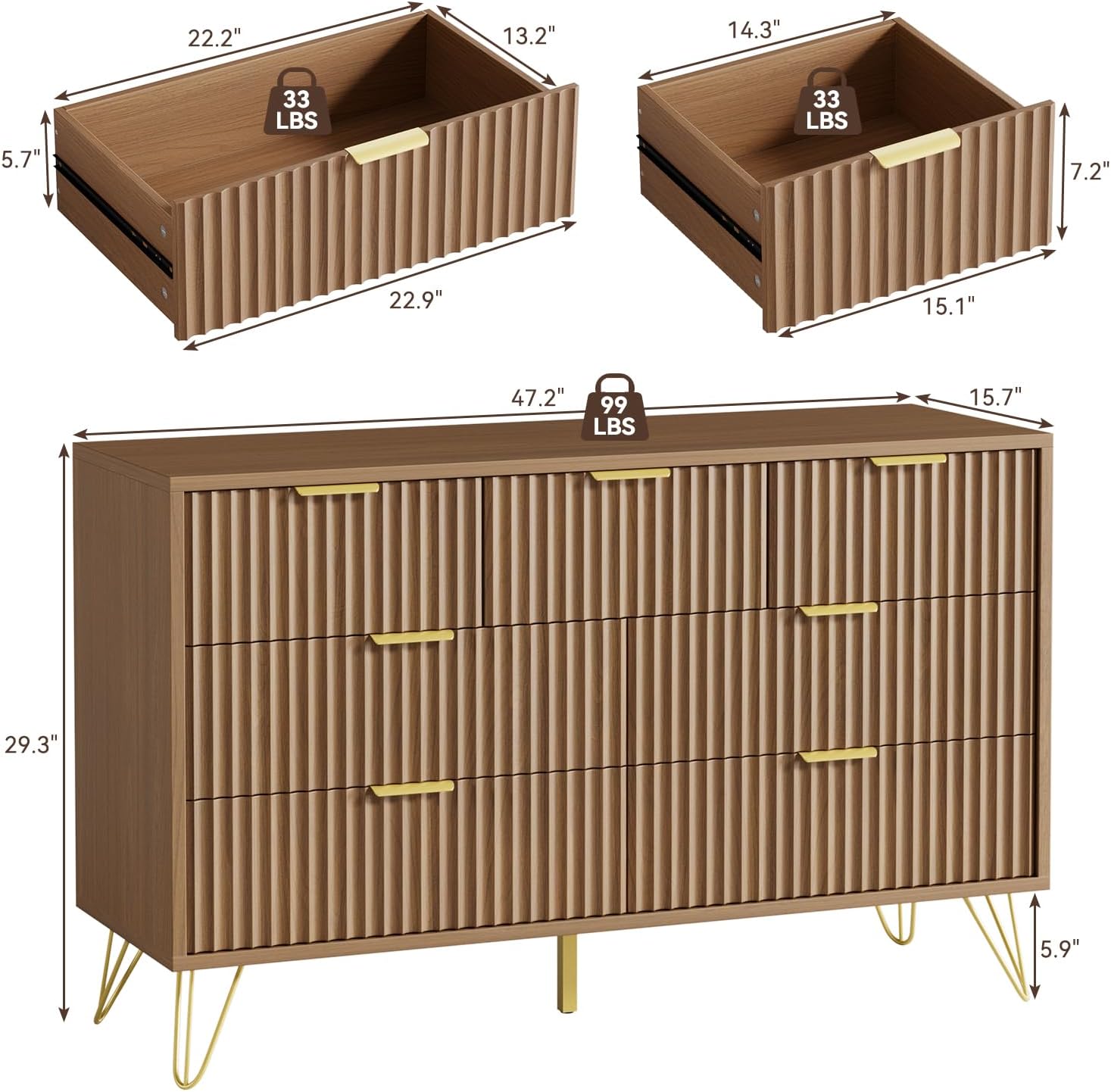 LYNSOM Fluted Dresser for Bedroom, Walnut 7 Drawer Dresser with Gold Handles and Wide Drawers, Wood Chest of Drawers for Bedroom, Hallway(Walnut)
