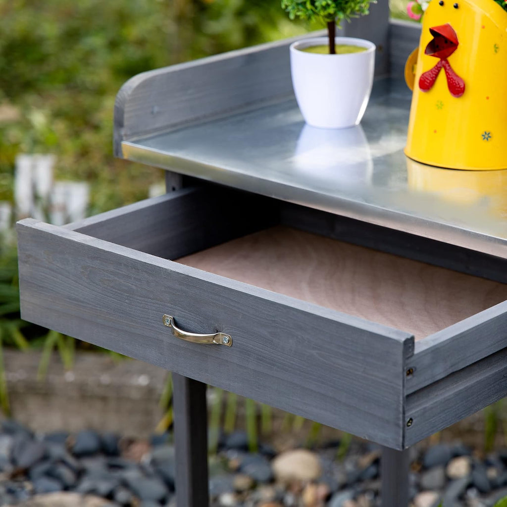 Outdoor Potting Bench Table, Work Station with Storage Cabinet, Open Shelf and Steel Tabletop, Gray