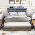 Kiivakii Queen Bed Frame with Headboard, LED Platform Bed Frames with 4 Storage Drawers, Built in Charging Station, Noise Free, Stable and Solid, No Box Spring Needed, Gray