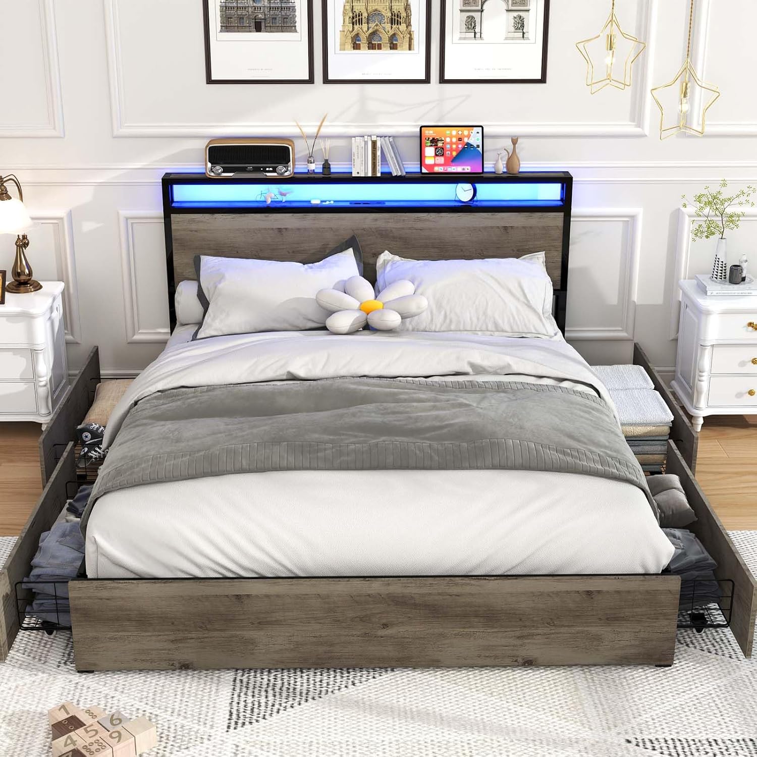 Kiivakii Queen Bed Frame with Headboard, LED Platform Bed Frames with 4 Storage Drawers, Built in Charging Station, Noise Free, Stable and Solid, No Box Spring Needed, Gray