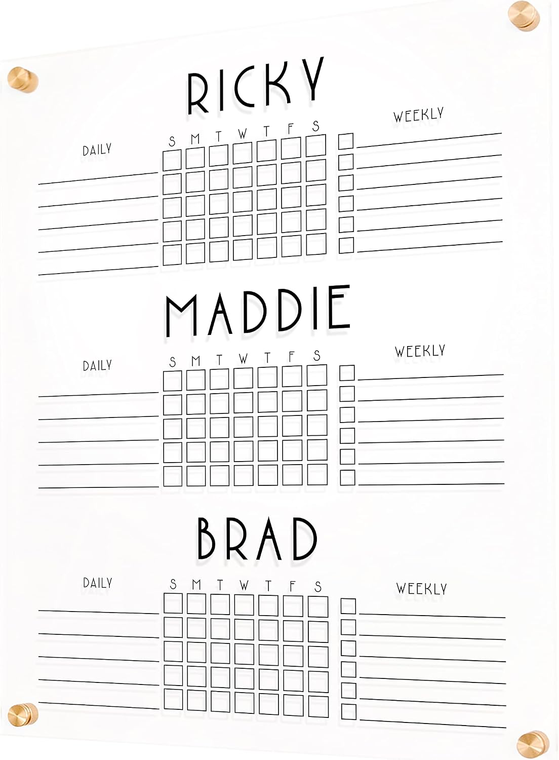 Personalized Chore Chart for Three Children | Custom Chore Chart for Girls and Boys dry erase clear acrylic minimalist homeschool (18.5'W x 23'H, Champagne Gold Standoffs)