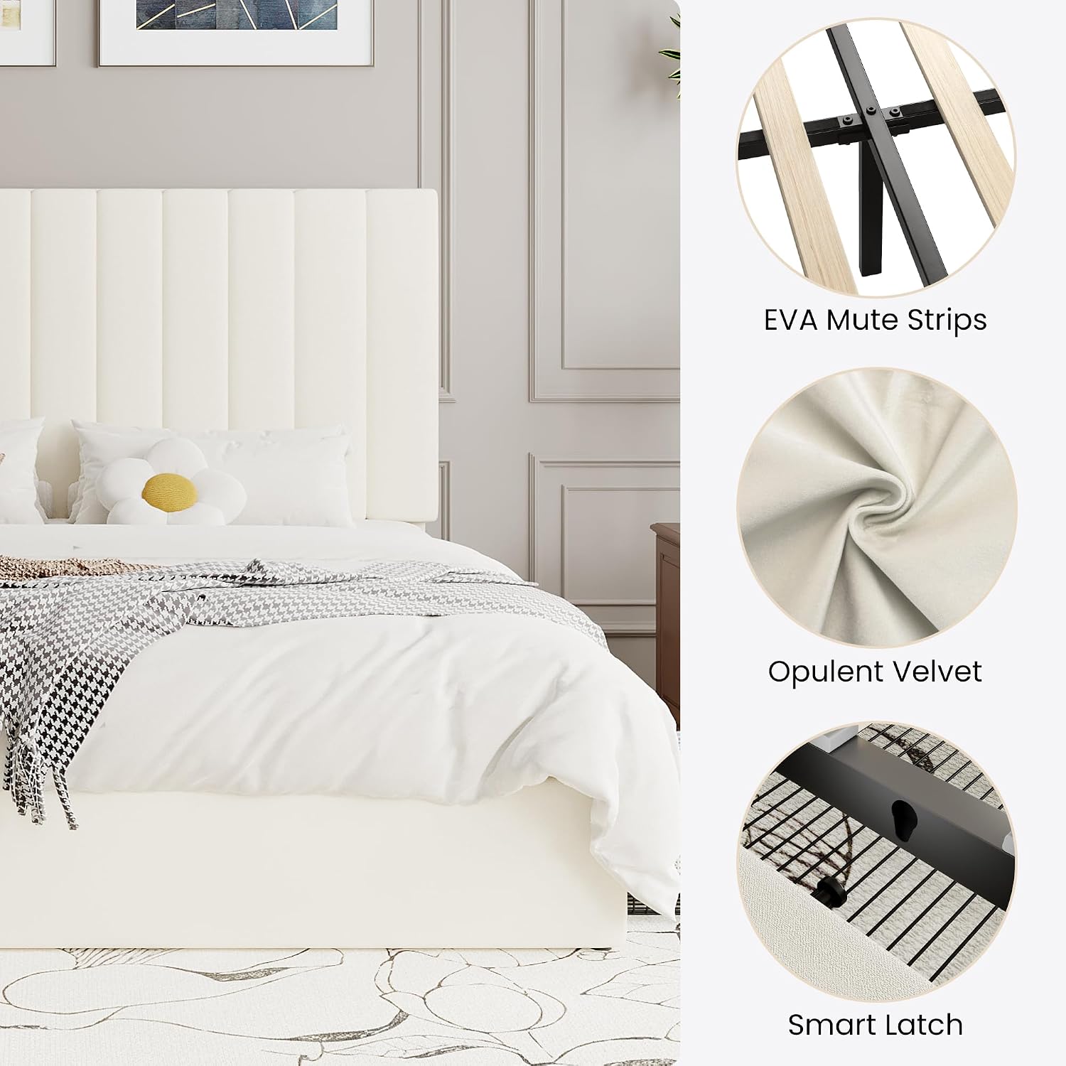 SHA CERLIN Full Size Platform Bed Frame with 4 Storage Drawers, Vertical Channel Tufted Adjustable Headboard, Velvet Upholstered, Wooden Slats Support, No Box Spring Needed, Easy Assembly, Cream