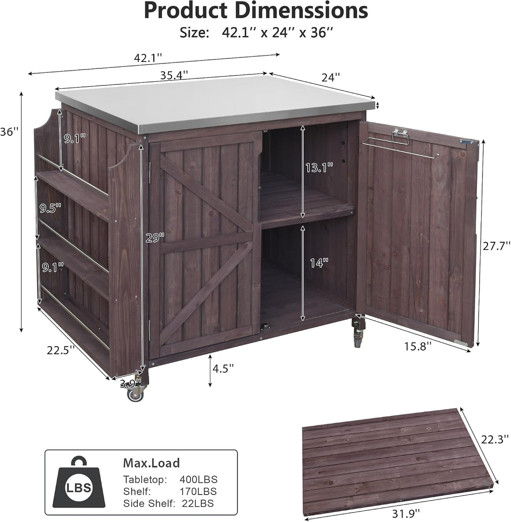 42.1' Outdoor Kitchen Island with Side Shelf,Patio Grill Cart with Storage,Stainless Steel Top, Adjustable Shelf and 4 Wheels,for Pizza Prep (Dark Brown-P)