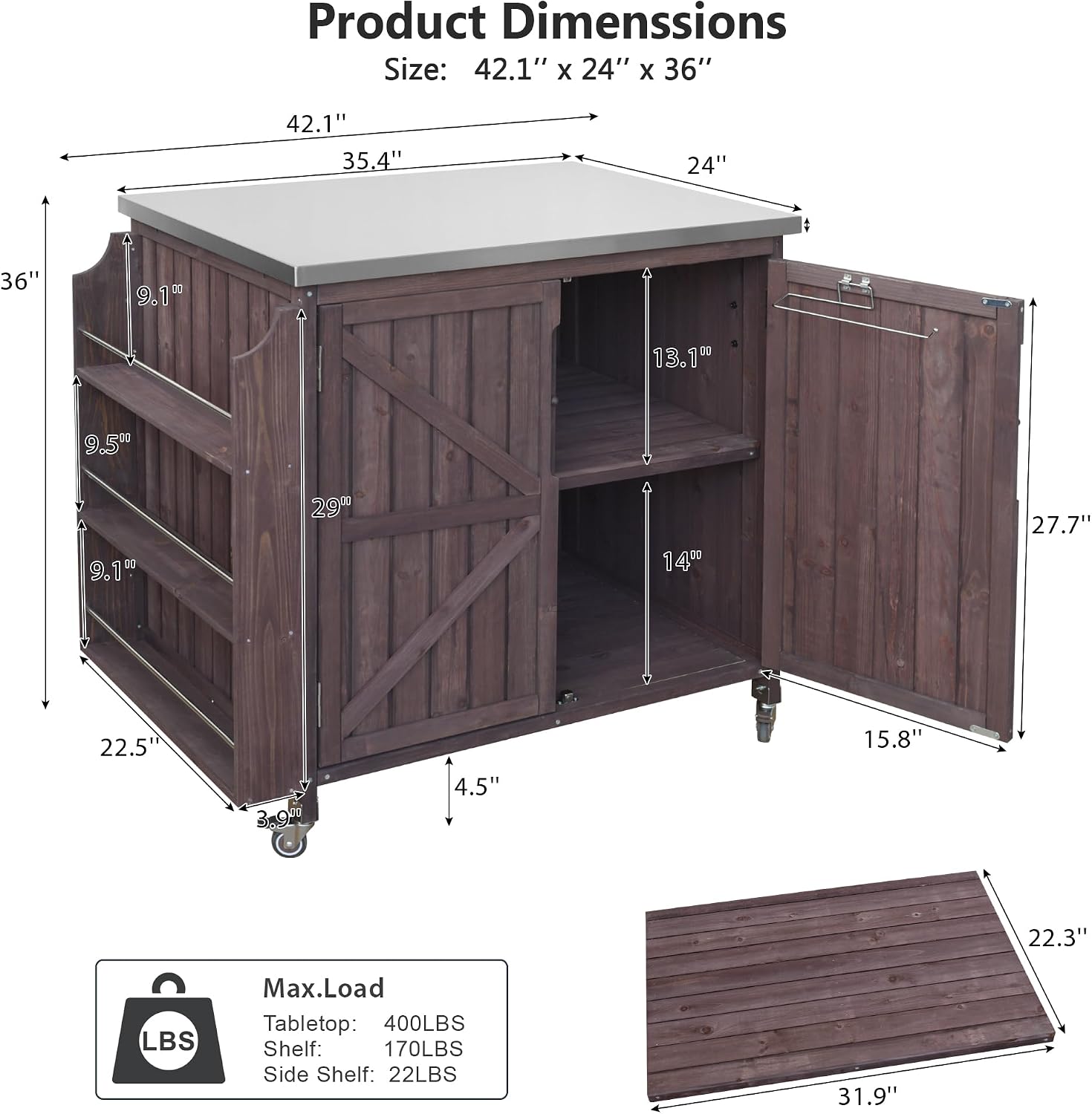 42.1' Outdoor Kitchen Island with Side Shelf,Patio Grill Cart with Storage,Stainless Steel Top, Adjustable Shelf and 4 Wheels,for Pizza Prep (Dark Brown-P)