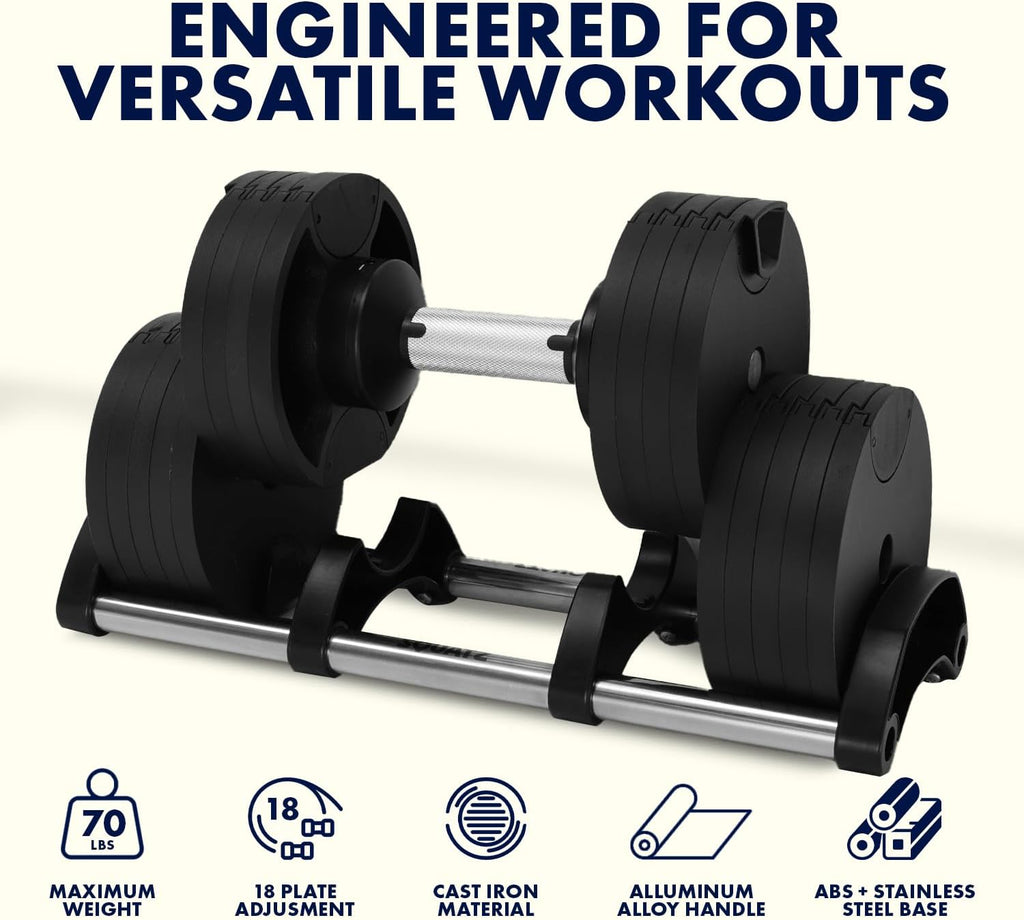 SQUATZ Adjustable Dumbbells with Quick Weight Change, Space-Saving Dumbbell Set with Anti‑Slip Handle, Secure Locking System, Heavy‑Duty Plates & Base for Home Workout and Strength Training