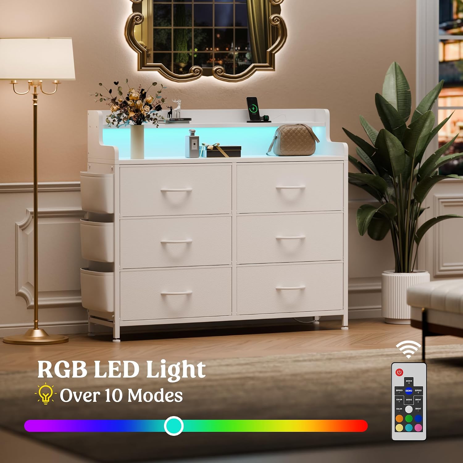 Lulive White Dresser for Bedroom 6 Drawers - Fabric Dressers for Bedroom with LED Light & Charging Station - Adults Chest of Drawers for Living Room Hallway Closet (White)