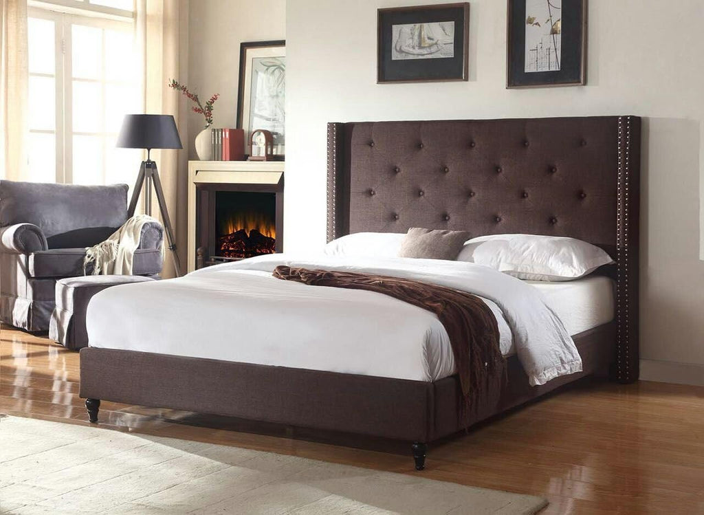 HomeLife Premiere Classics Cloth Brown Linen 51' Tall Headboard Platform Bed with Slats Full - Complete Bed 5 Year Warranty Included 007