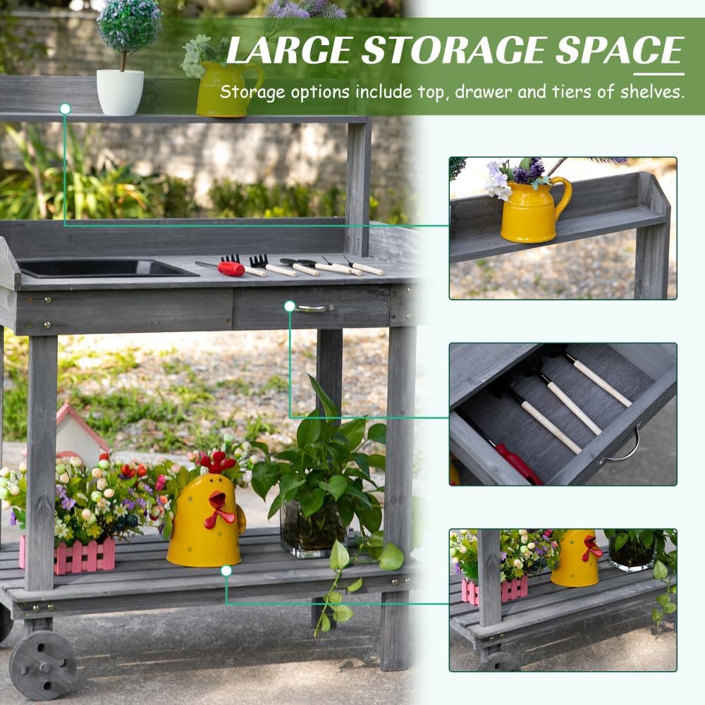 Sturdy Wooden Potting Bench with Removable Sink, Rolling Wheels, Spacious Storage Shelves and Drawer for Garden Workstation Use