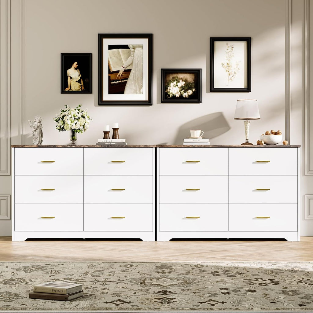 LIDYUK White Dresser for Bedroom, 6 Drawer Dressers & Chests of Drawers, Modern Wood Dresser, 48 Inches Wide Chest of Drawers for Bedroom, Hallway, Living Room