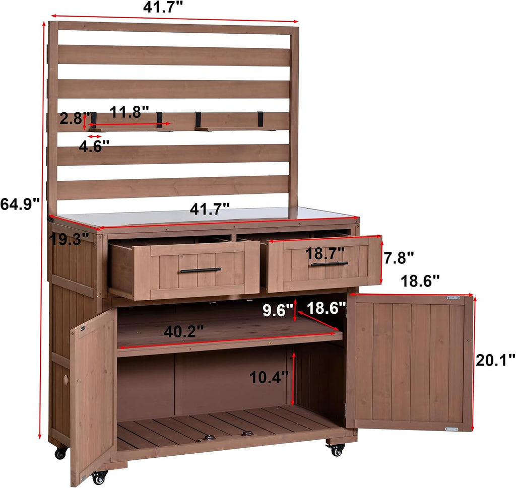 Outdoor Potting Bench with Storage Shelf and Cabinet, 65 in | Fir wood, 3-tier shelves, storage compartments, enclosed cabinet, anti-fall devices, garden, 47.2 W x 22.8 D x 65 H in