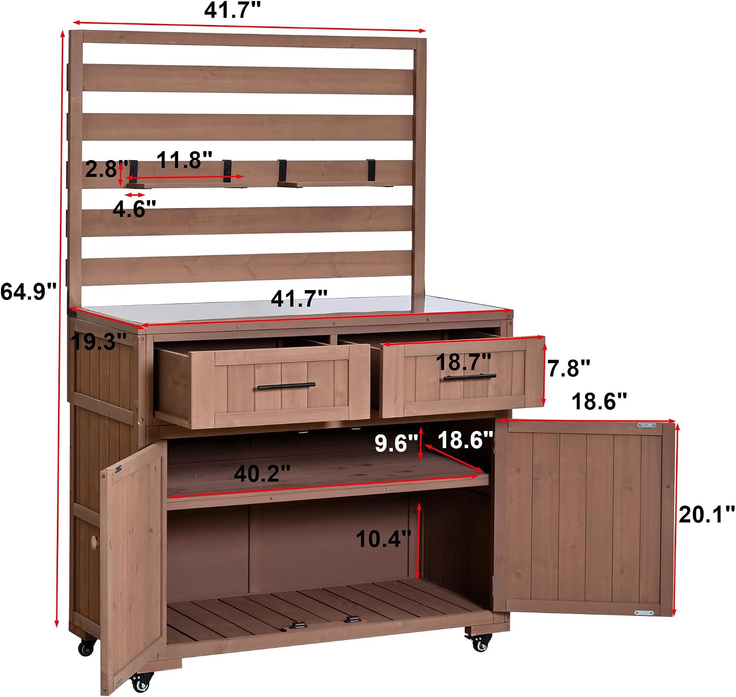 Outdoor Potting Bench with Storage Shelf and Cabinet, 65 in | Fir wood, 3-tier shelves, storage compartments, enclosed cabinet, anti-fall devices, garden, 47.2 W x 22.8 D x 65 H in