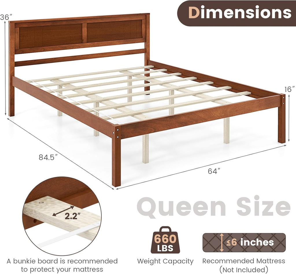 KOMFOTT Queen Size Wood Platform Bed Frame with Headboard, Solid Wood Bed Frame with Slat Support, 10-Leg Support, Under Bed Storage, 16' Mattress Foundation Bedroom Furniture, No Box Spring Needed
