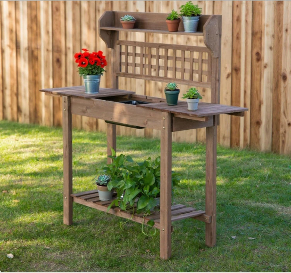 Wooden Outdoor Potting Bench Workstation Table with Storage Shelf, Dry Sink and Expandable Sliding Tabletop for Cutting and Potting Vegetables, Herbs, and Other Plants (Brown)