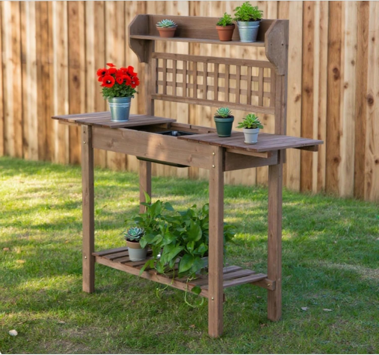 Wooden Outdoor Potting Bench Workstation Table with Storage Shelf, Dry Sink and Expandable Sliding Tabletop for Cutting and Potting Vegetables, Herbs, and Other Plants (Brown)
