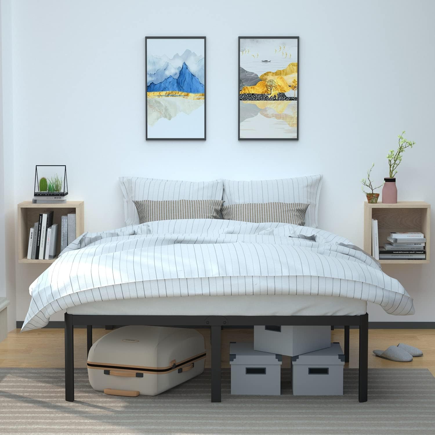 Amazon Basics Heavy-Duty Non-Slip Bed Frame with Steel Slats, 18' Height for Storage Space, Sturdy Support for Mattress, Easy Assembly, Queen, Black