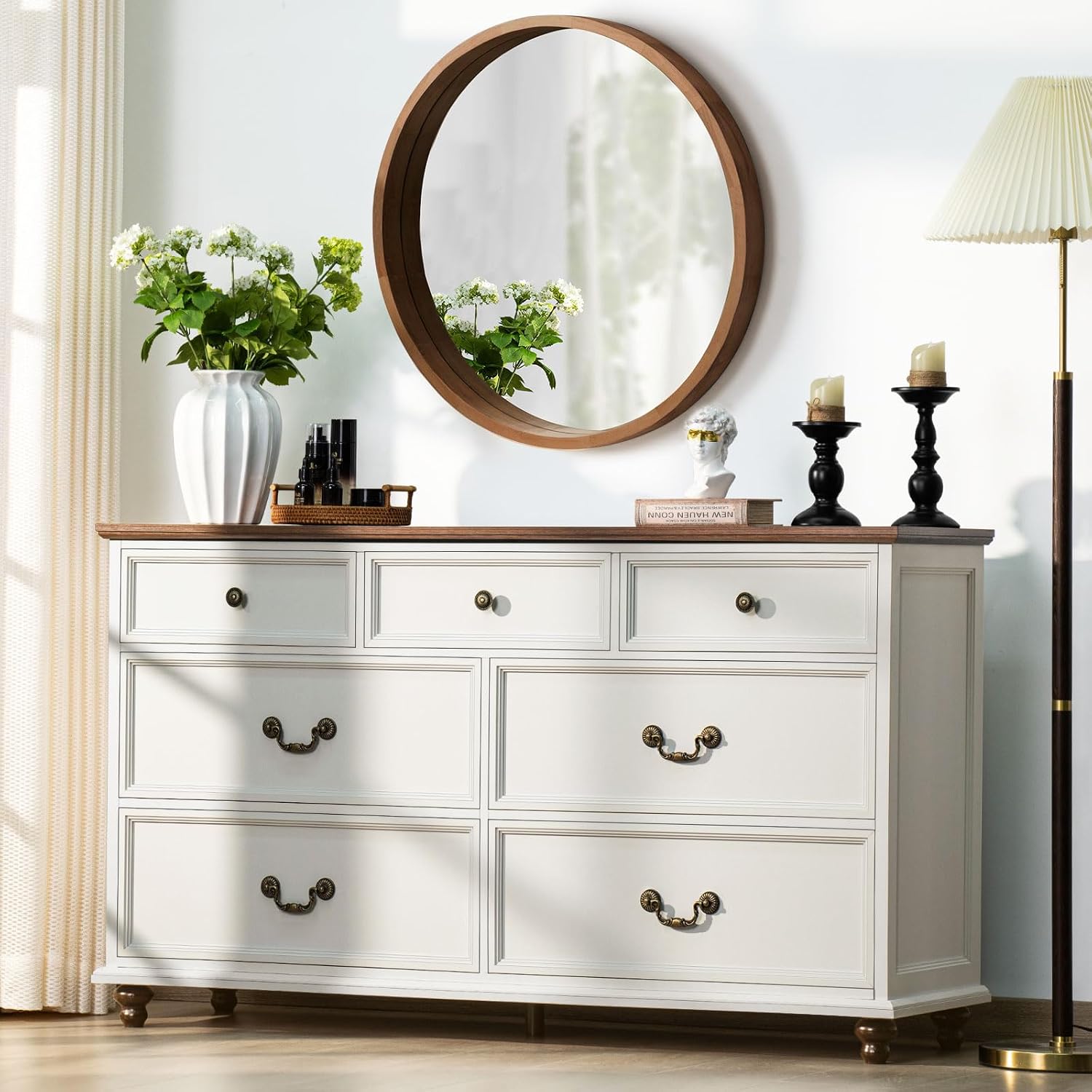 Joaxswe Farmhouse 54' 7 Drawers Dresser for Bedroom, White Wood Chest of Drawers w/ 4 Wooden Legs, Vintage Closet Storage Dressers Organizer for Hallway, Rustic Large TV Stand for Living Room, Foyer