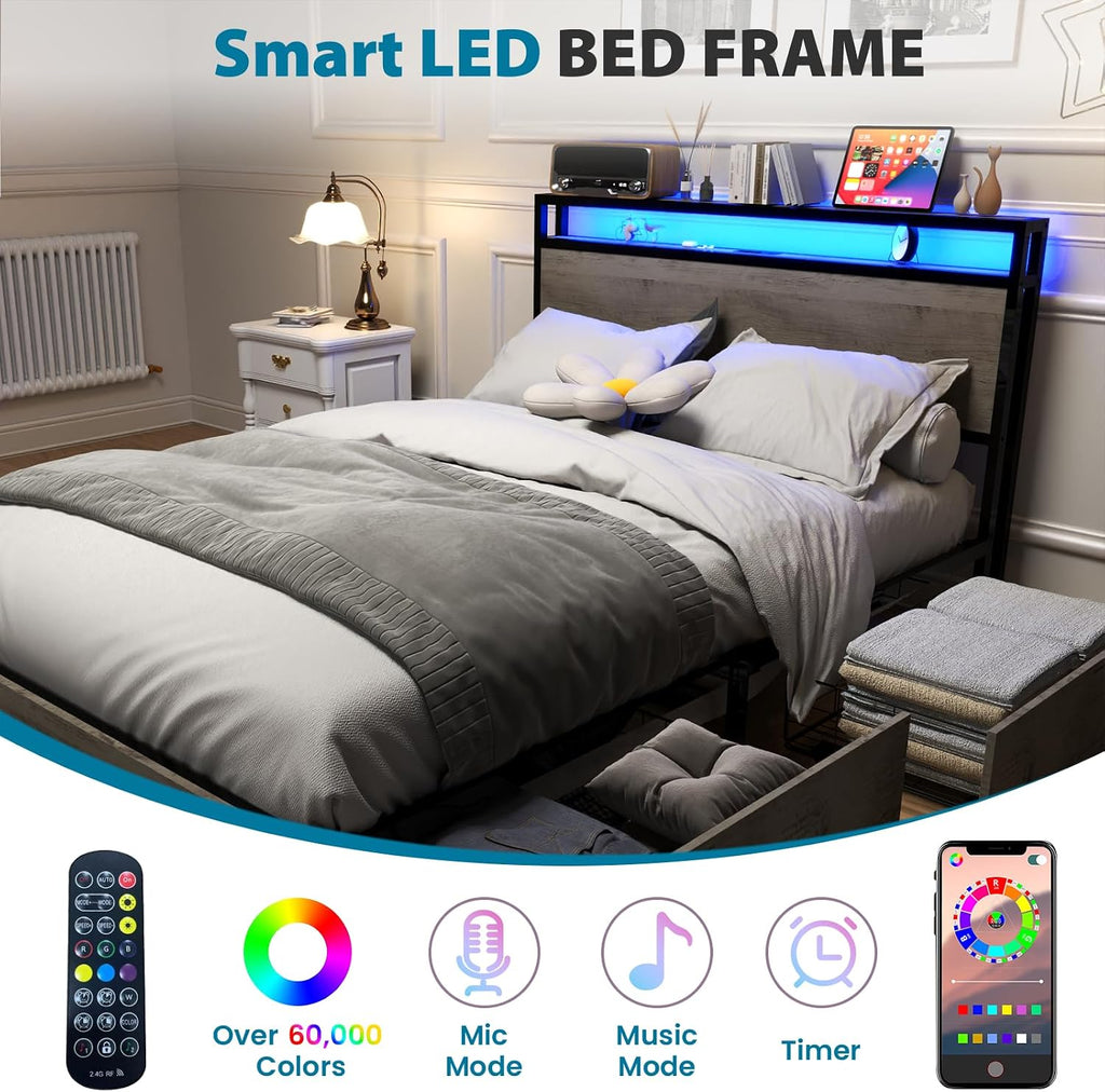 Kiivakii Queen Bed Frame with Headboard, LED Platform Bed Frames with 4 Storage Drawers, Built in Charging Station, Noise Free, Stable and Solid, No Box Spring Needed, Gray