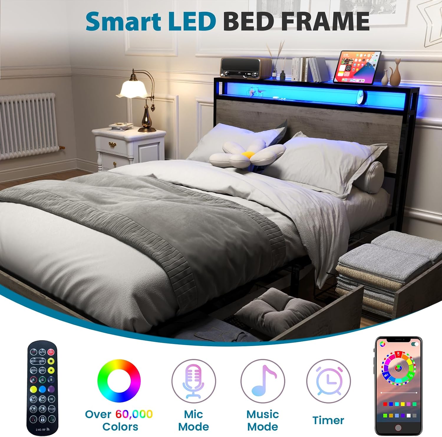 Kiivakii Queen Bed Frame with Headboard, LED Platform Bed Frames with 4 Storage Drawers, Built in Charging Station, Noise Free, Stable and Solid, No Box Spring Needed, Gray