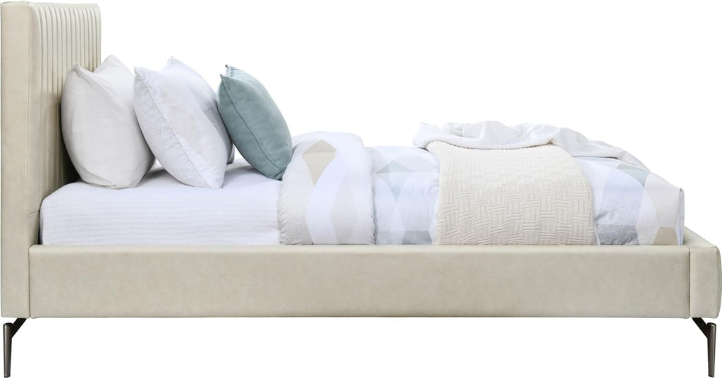Meridian Furniture GalloBeige-T Gallo Collection Modern | Contemporary Twin Bed with Soft Beige Vegan Leather, Deep Channel Tufting and Black Metal Legs, 44' W x 84.5' D x 43.5' H, Beige, Twin