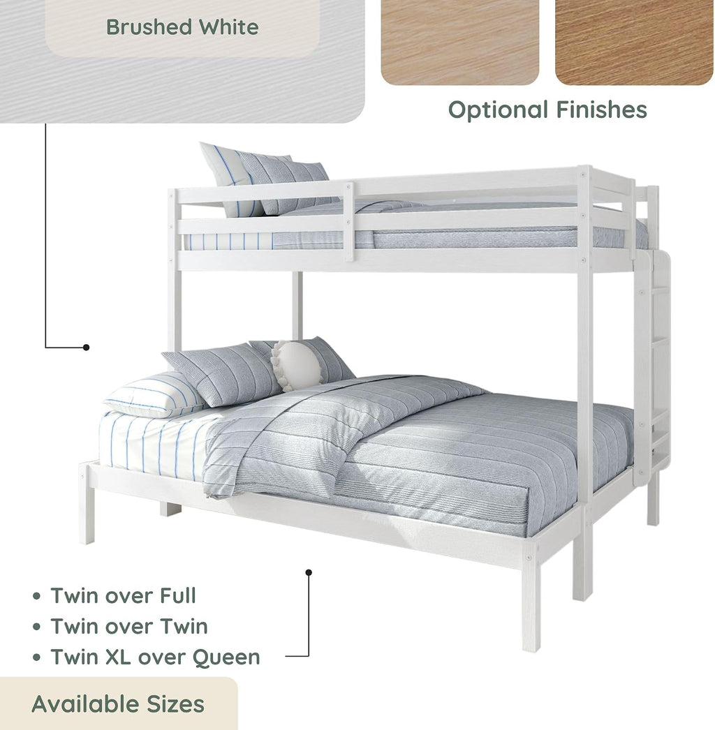Grain & Grove Bear Twin XL Over Queen Bunk Bed, Sturdy Bunk Bed Frame for Kids, Plywood Bunk with Ladder, Guardrail, and Slats, No Box Spring Required, Brushed White