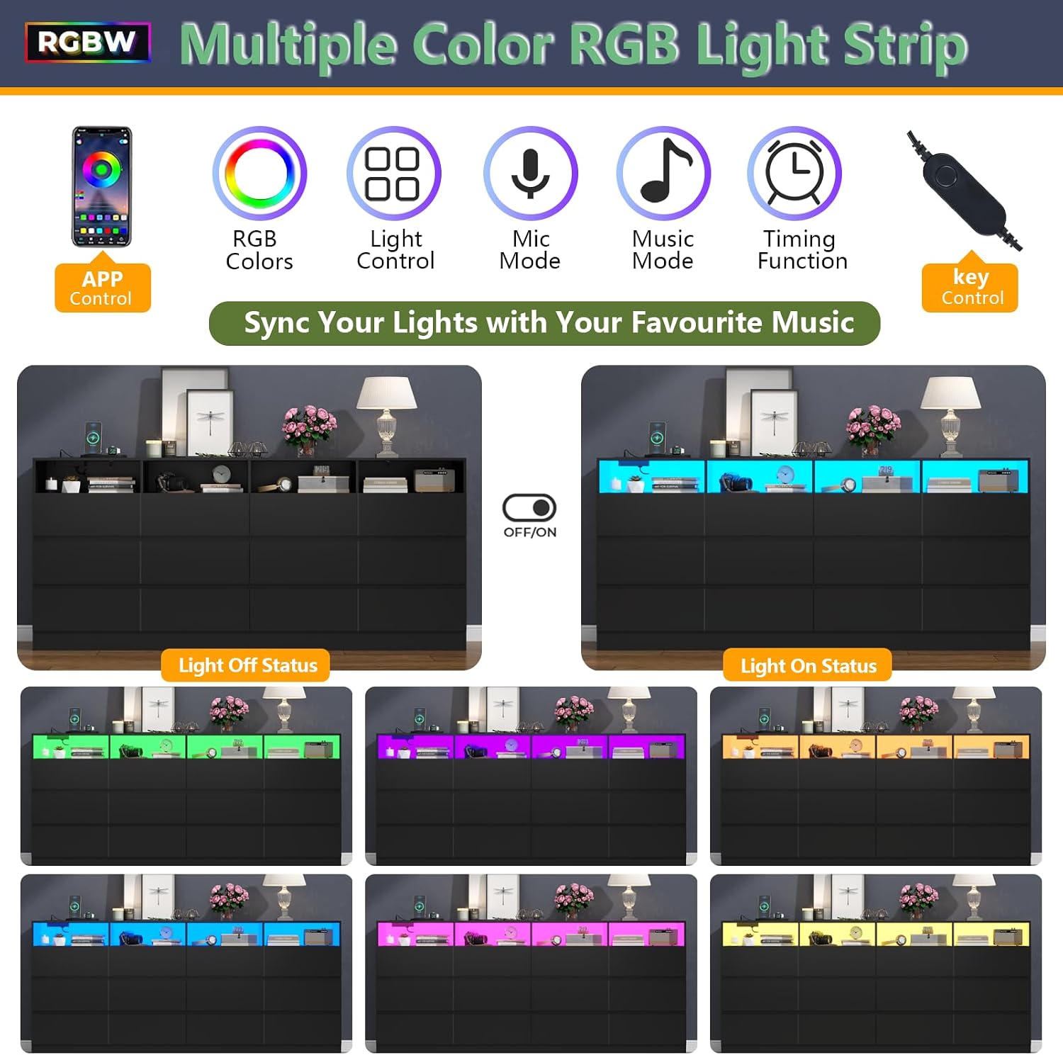 Loomie 12-Cell Divided Drawers Black Dresser with Charging Station & Led Lights for Bedroom, Long 63' Wide Dresser TV Stand for TVs up to 75', Large Dressers Organizer with 4 Open Cubbies