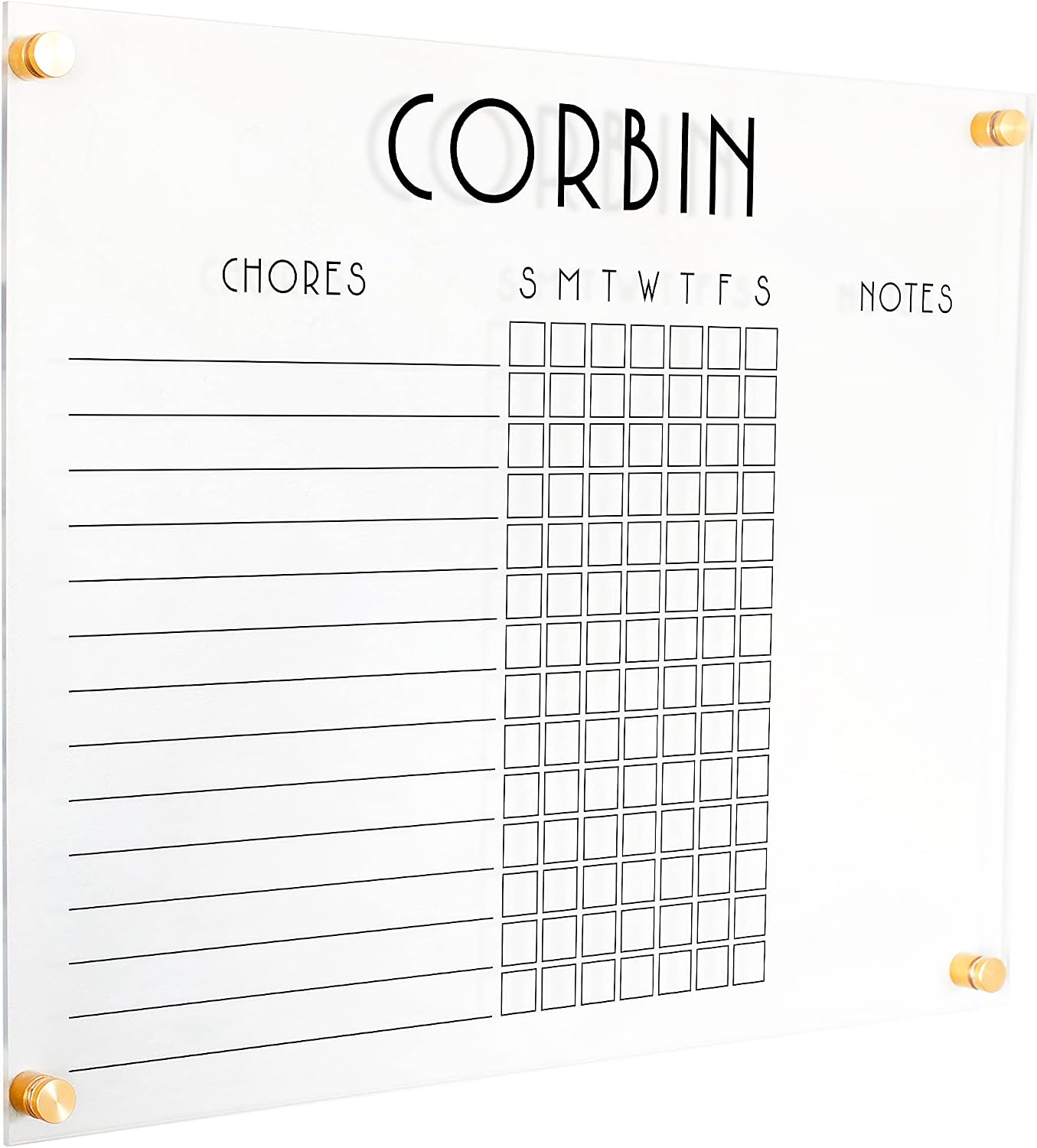 Customized One-Child Horizontal Acrylic Chore Chart (23'W x 18.5'H, Champagne Gold Standoffs)