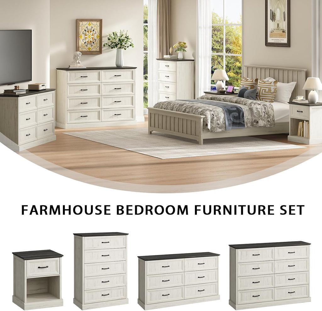CARPETNAL Farmhouse 8 Drawer Dresser for Bedroom, 55' Wide Modern White Dresser TV Stand with Large Drawers & Bar Handles, Rustic Wood Chest of Drawers for Bedroom, Living Room, Hallway, Entryway.