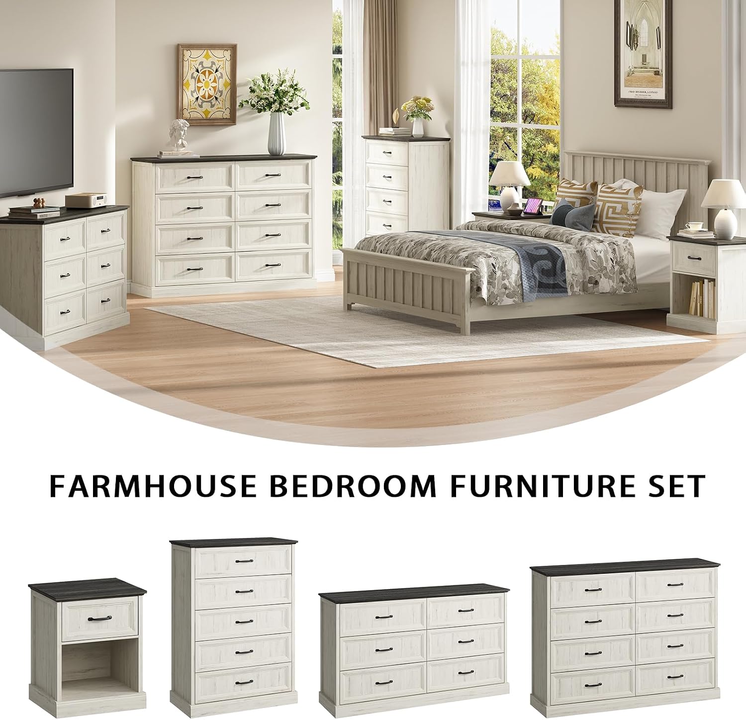 CARPETNAL Farmhouse 8 Drawer Dresser for Bedroom, 55' Wide Modern White Dresser TV Stand with Large Drawers & Bar Handles, Rustic Wood Chest of Drawers for Bedroom, Living Room, Hallway, Entryway.