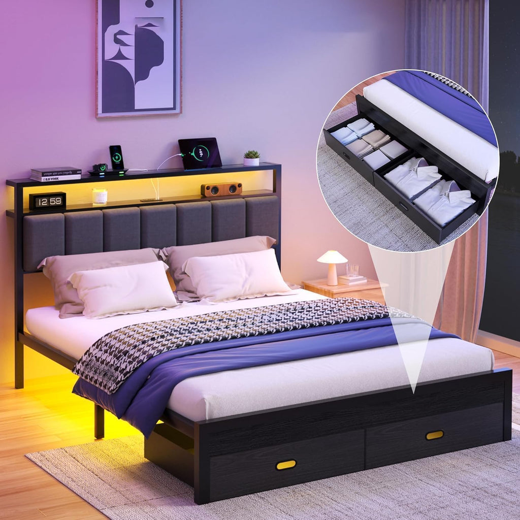 Queen Bed Frames with Storage Drawer, Platform Bed with Charging Station and LED Lights, Upholstered Headboard with 2-Tier Storage Shelves, No Box Spring Needed