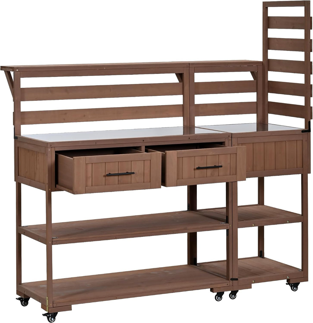 Outdoor Kitchen Island with Stainless Steel Top, 62 in | Fir wood, stainless steel top, raised shelf, modular 2-cart design, lockable wheels, BBQ prep, 62.3 W x 28.6 D x 65 H in