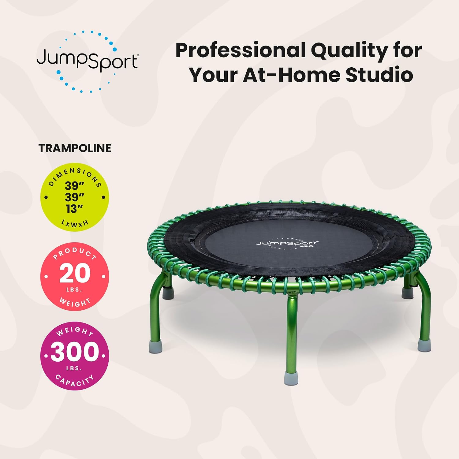 JumpSport 350 PRO 39 Inch Fitness Trampoline Indoor Rebounder Cardio Workout Equipment 300 lb Capacity
