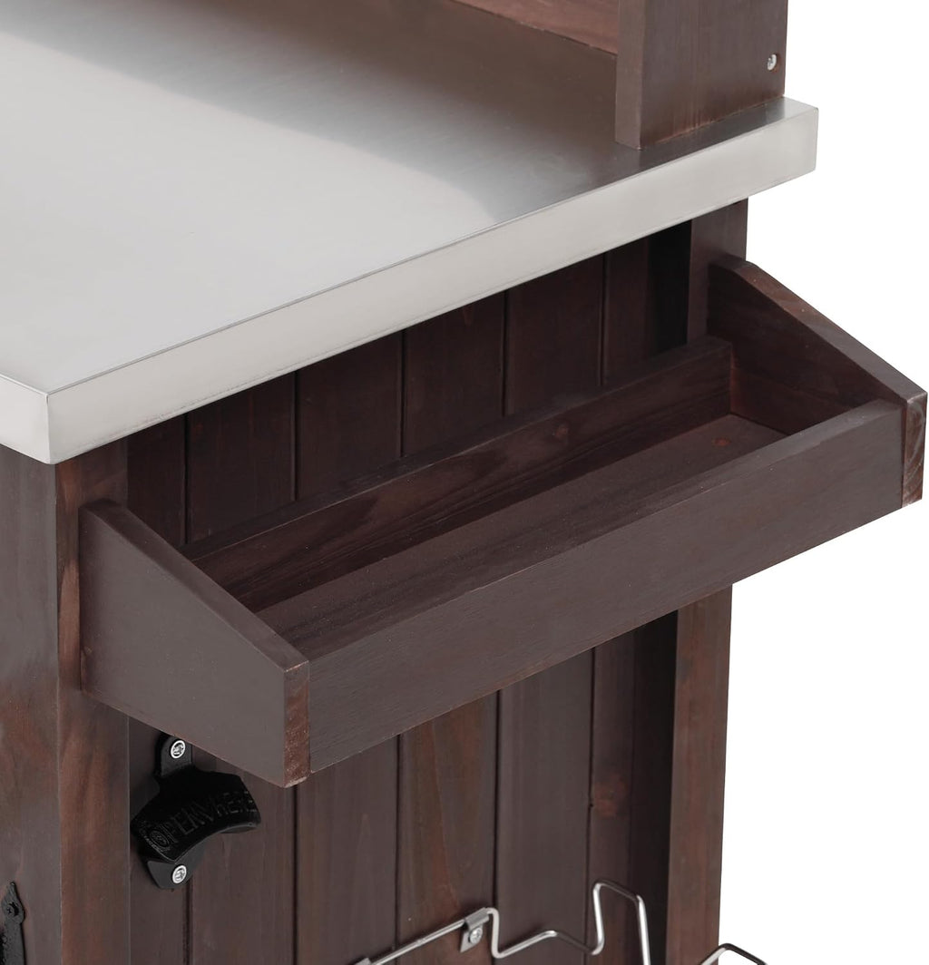 54.1' Outdoor Kitchen Island with High Shelf, Large Outdoor Potting Bench Table with Stainless Steel Top and Storage, Solid Wood Grill Cart With Lockable Wheels for BBQ, Garden (Brown-54.1')