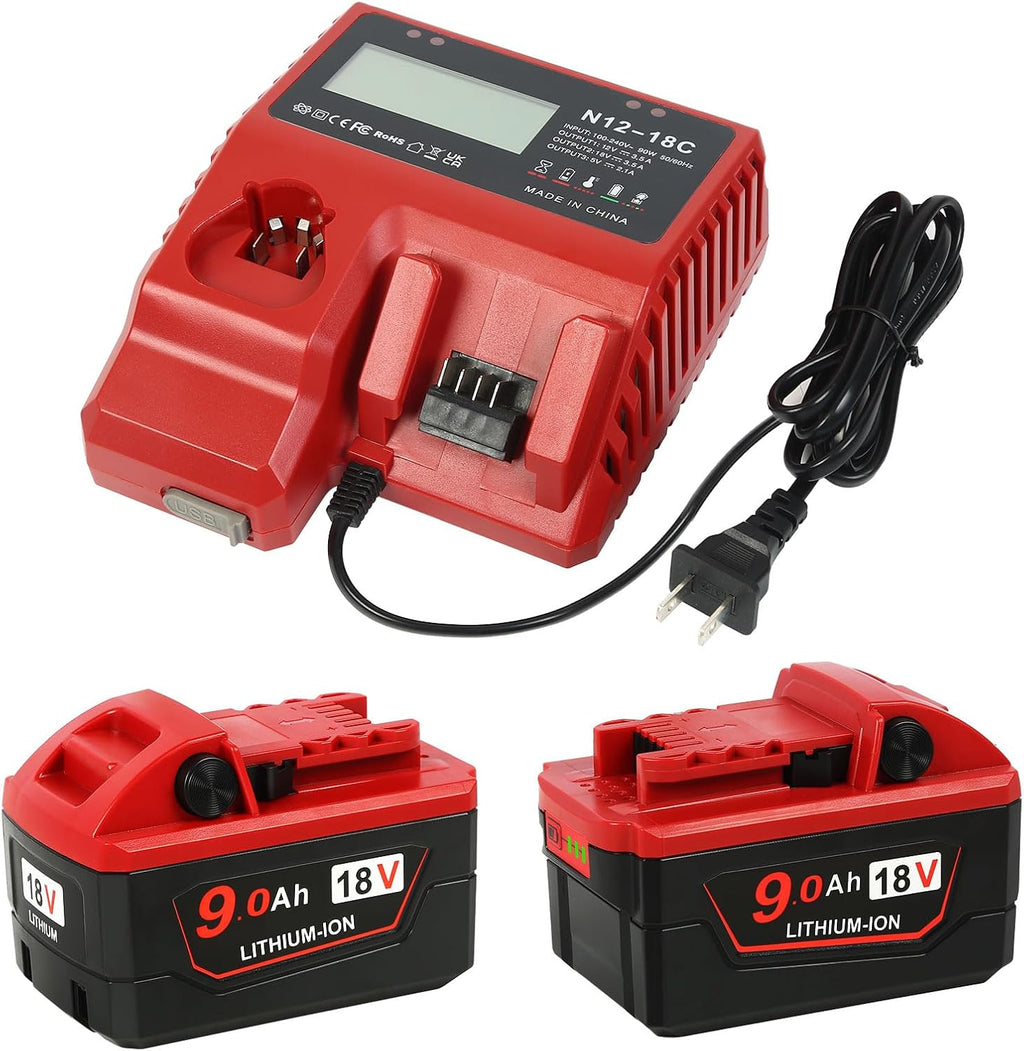 YongerTool 2 Pack 18V 9.0 Ah Replacement for Milwaukee M-18 Battery and 1 Charger