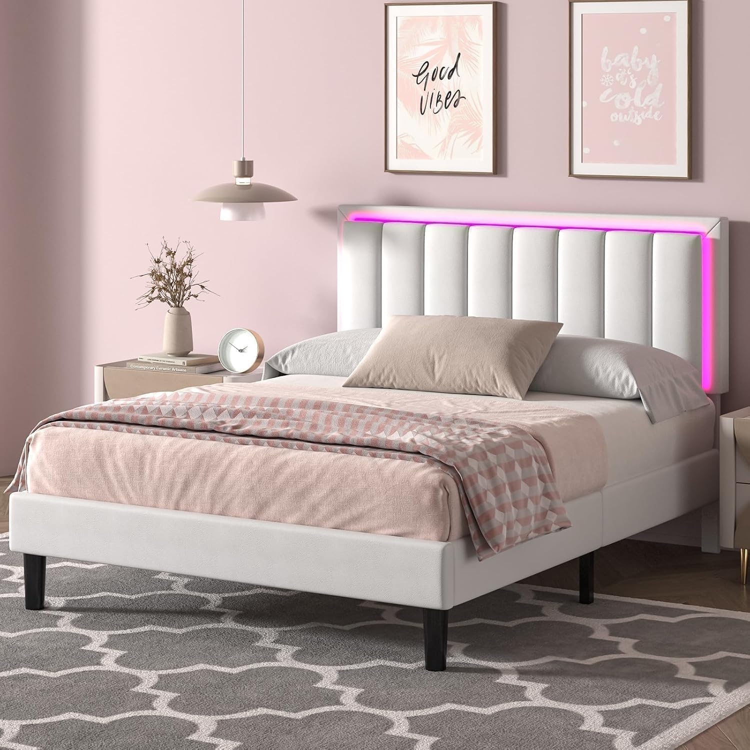 IMMERSTABLE Full Size Bed Frame with RGB LED Lights, Upholstered Platform Bed Frame with Headboard, Wood Slat Support, No Box Spring Needed, Quiet Design, Easy Assembly, White