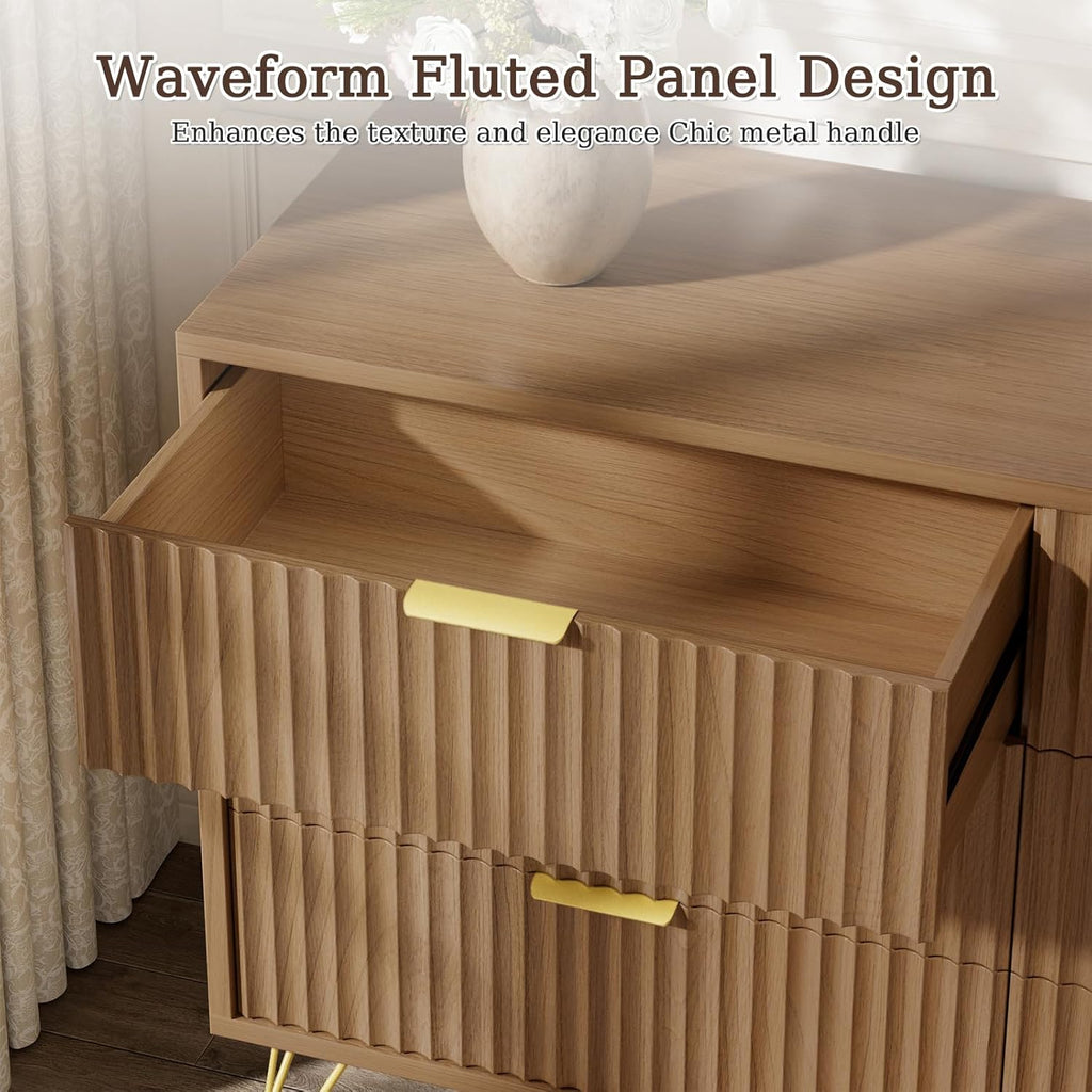 LYNSOM Fluted Dresser for Bedroom, Walnut 6 Drawer Dresser with Gold Handles and Wide Drawers, Wood Chest of Drawers for Bedroom, Hallway