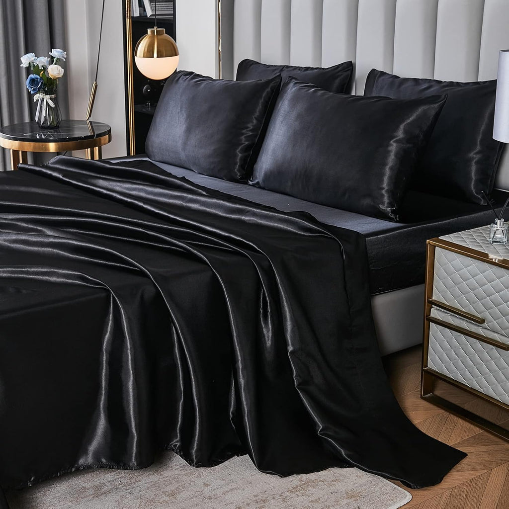 Herside Black Satin Comforter Set 7 Pieces King Size Bed in a Bag Luxurious Satin Bedding Set with Comforter Pillowcases and Sheets Sets Mini Pompoms Design Super Soft Silky Bed Set for All Seasons
