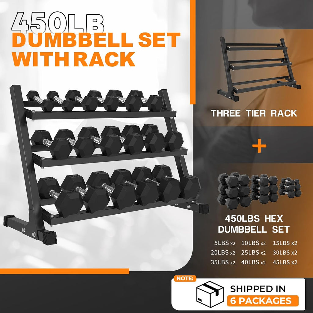 Mikolo Dumbbell Sets with Rack, Rubber Hex Dumbbells, Multiple Choices in 160/200/380/450/550LB, Hand Weights with Chrome Handle for Strength Training