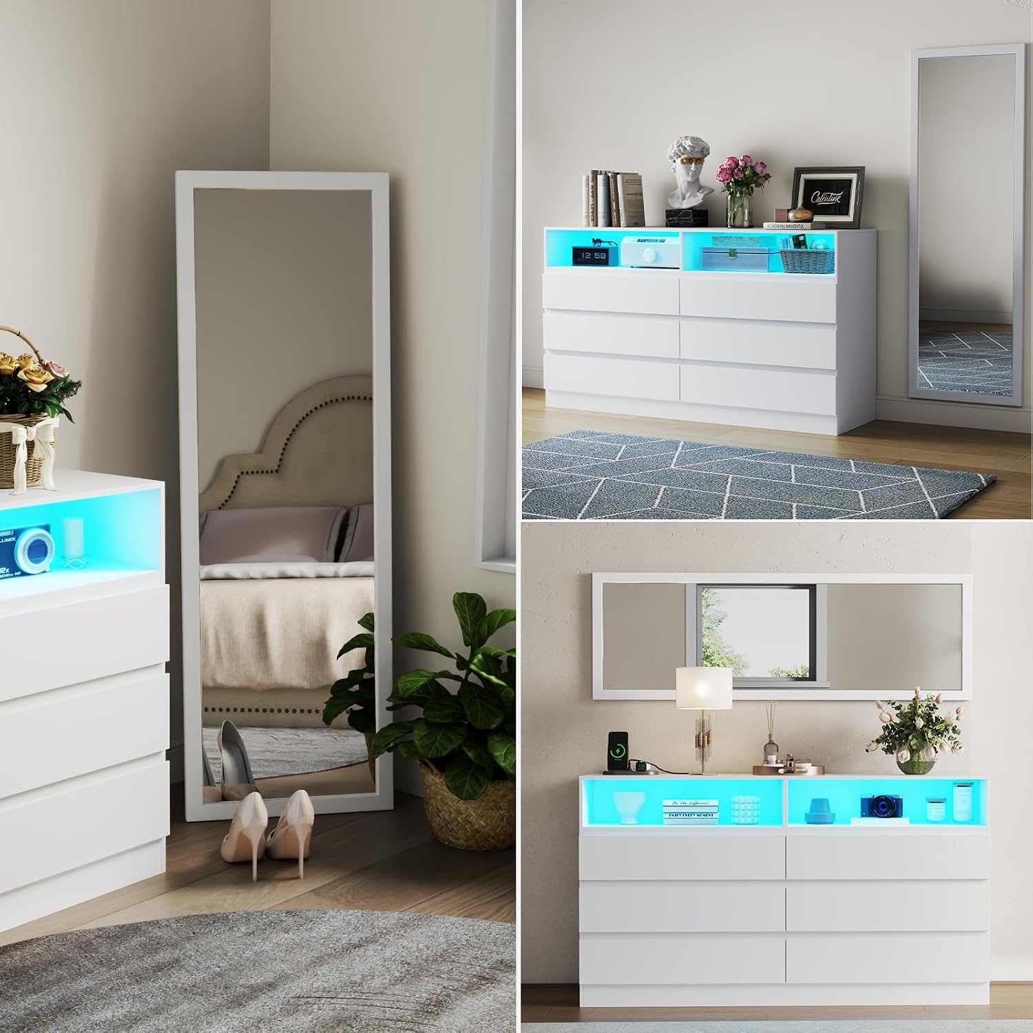 Gyfimoie Dresser for Bedroom with Full Length Mirror 48'x16', White Storage Cabinet with Power Outlet, 6 Drawer Dresser with LED Light, Modern Dressers with Charging Station(White)