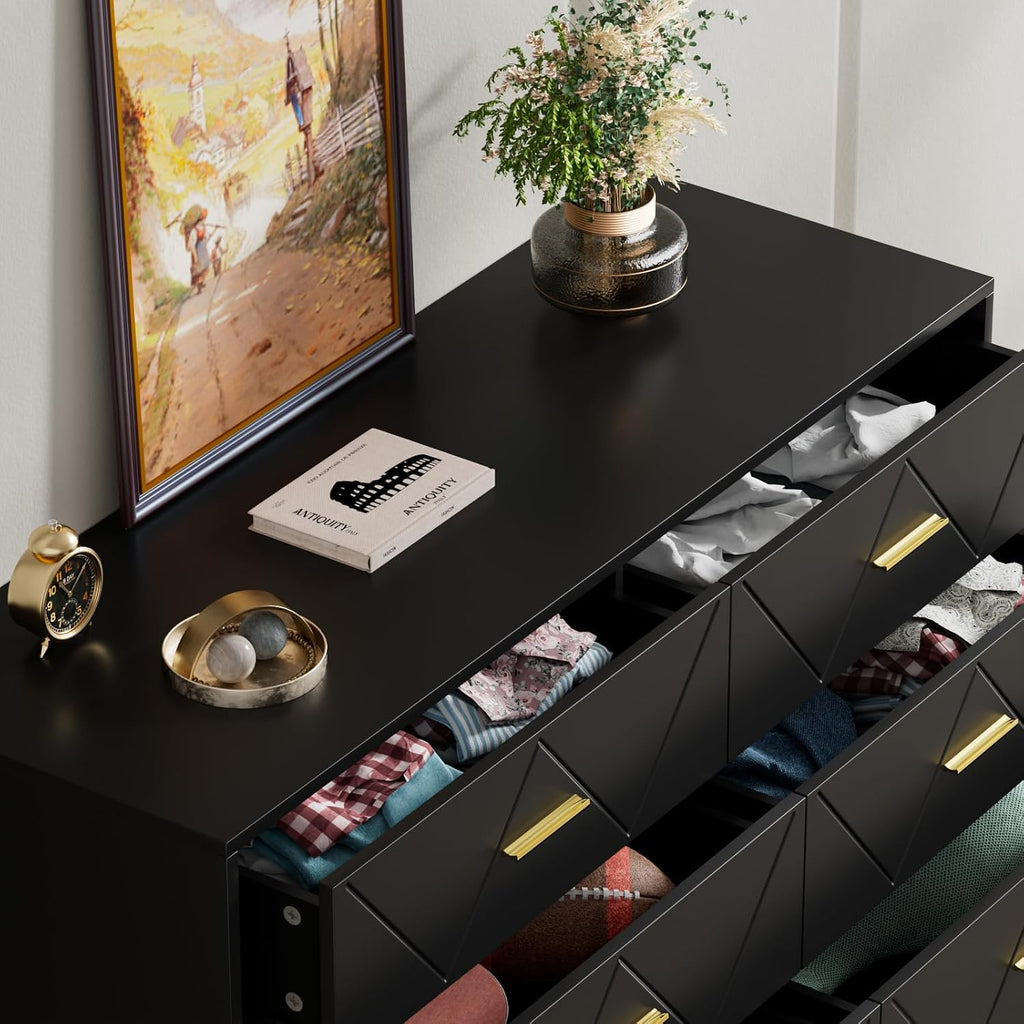 6 Drawer Black Dresser for Bedroom, Modern Chest of Drawers with Deep Drawers,Wood Dresser with Gold Metal Handles for Bedroom, Living Room, Hallway