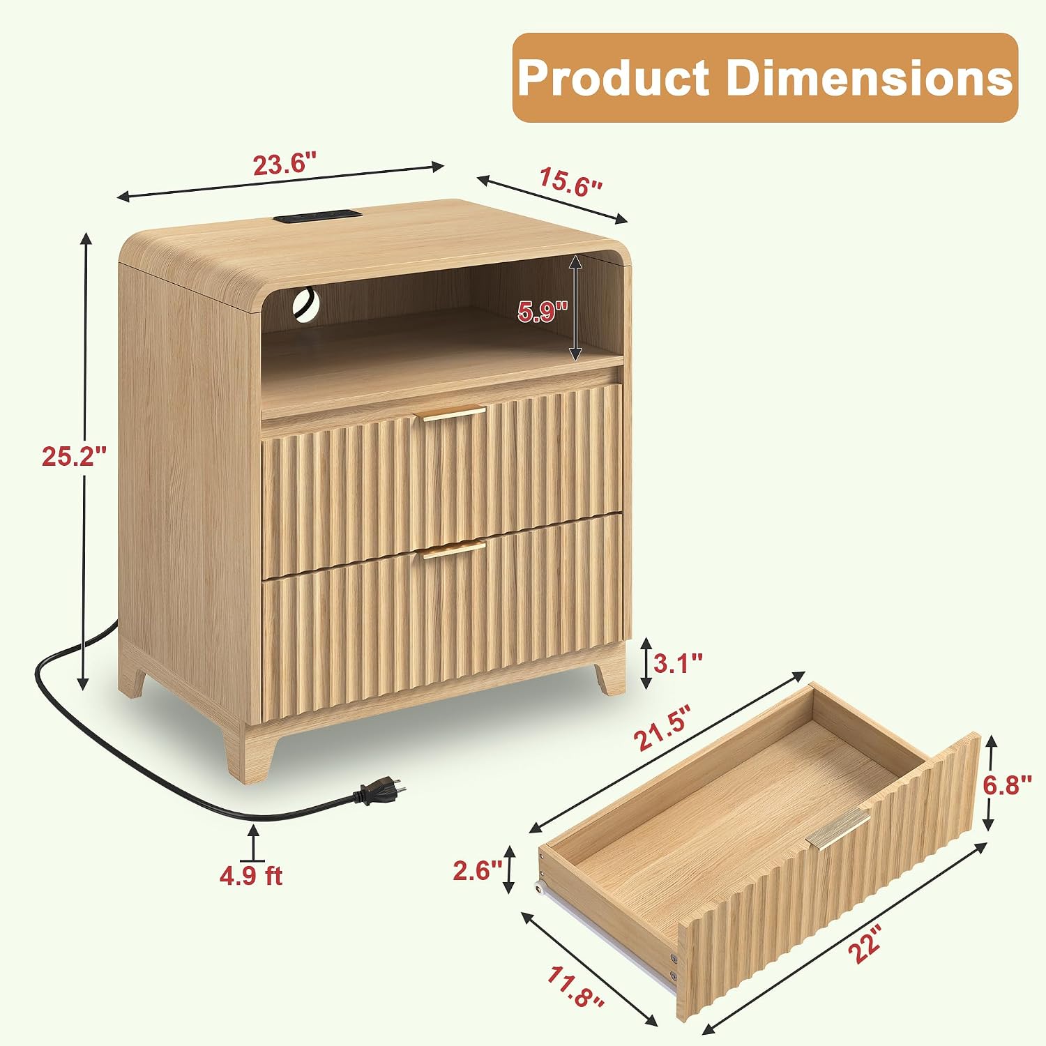 9 Drawer Dresser and 2 Nightstand Sets for Bedroom 3 Pcs Bedroom Set, Modern 57.9' Fluted Dresser with Metal Handles Nightstand Charging Station, Bedroom Furniture Set for Living Room, Natural