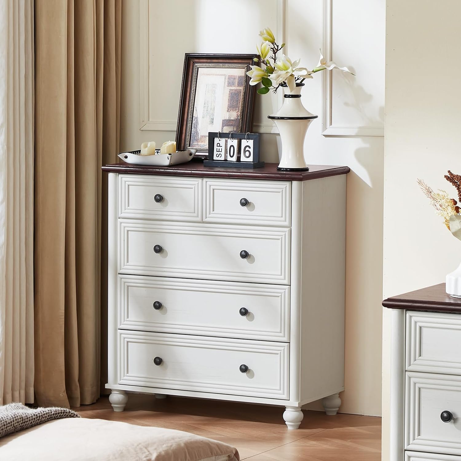 RWYHG Farmhouse 5 Drawer Dresser for Bedroom, 35.5' Tall Small Dressers & Chest of Drawers, Rustic Wood Dresser with Roman Column, Storage Organizer for Living Room, Hallway, Closet (White)