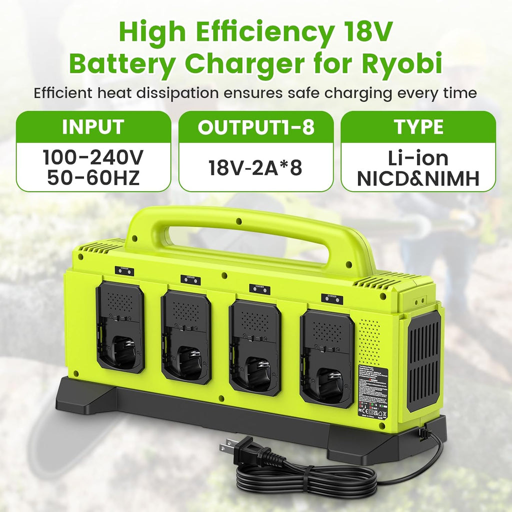 8-Port Charger for Ryobi 18V Battery, Simultaneous Fast Charging Station | Charge up to 8 Ryobi One+ batteries simultaneously with smart cooling, LED status indicators, and portable carry handle.