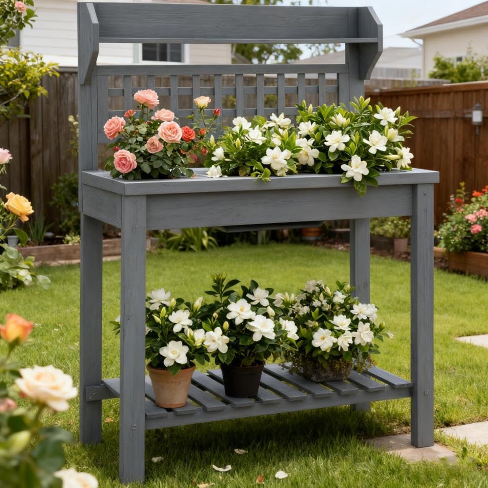 Outdoor Potting Workstation–Expandable Table | Removable Dry Sink|2-Tier Upper Shelf & Large Bottom Storage|Built-In Side Hooks|Wood Frame|Patio,Garden,Greenhouse
