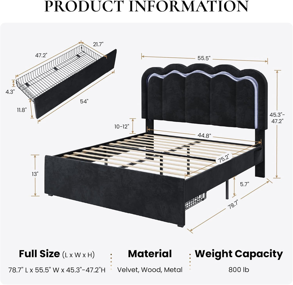 SHA CERLIN Upholstered Full Size Bed Frame with LED Lights and Large Storage Drawer, Velvet Platform Bed with Adjustable Wavy Headboard, Noise Free, Easy Assembly, No Box Spring Needed, Soft Black