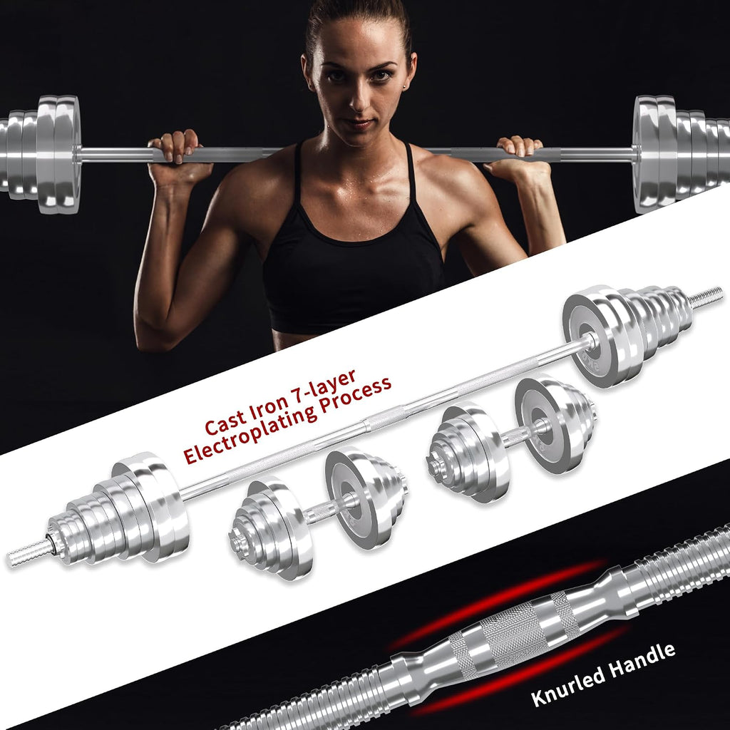 VIVITORY Fitness Dumbbells Set, Adjustable Weight Sets up to 11/22/44/66/100 lbs, with Metal Connecting Rod Used As Barbell, Chromed Weights, Hardcover Gift Box, Home Gym Work Out Training Equipment