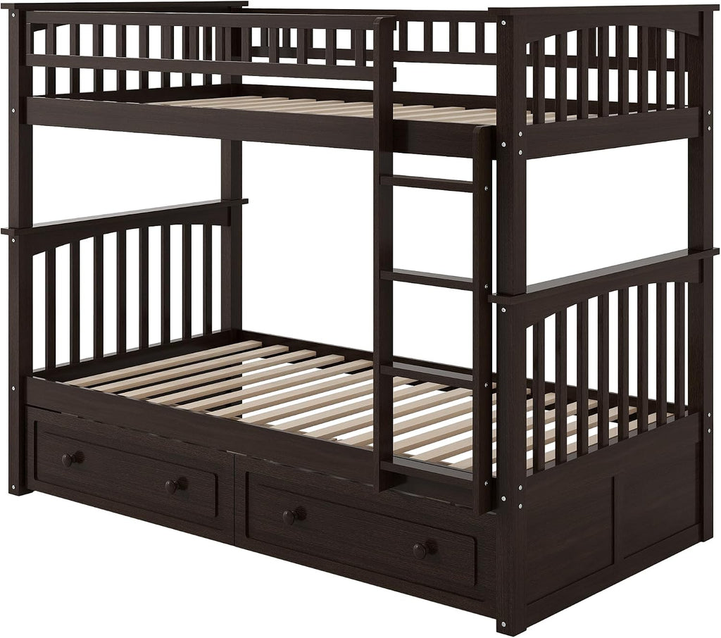 Harper & Bright Convertible Wood Twin-Over-Twin Bunk Bed with Storage Drawers and Ladder - Can Be Divided Into Two Daybeds,Espresso