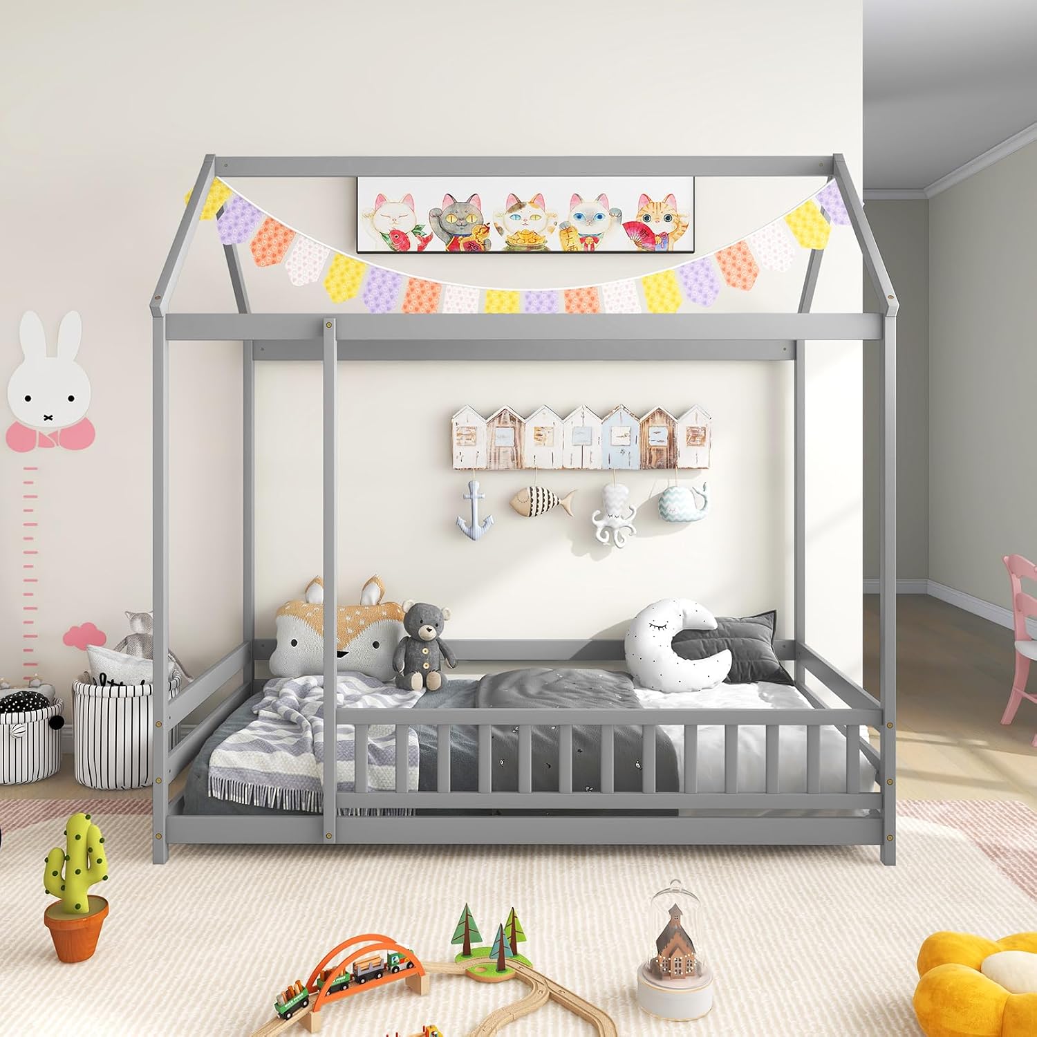 KOMFOTT Twin Size Floor House Bed, Wooden Montessori Bed with Roof & Full-Length Safety Guardrail, Floor Playhouse Bed Frame for Kids, Girls, Boys (Grey)
