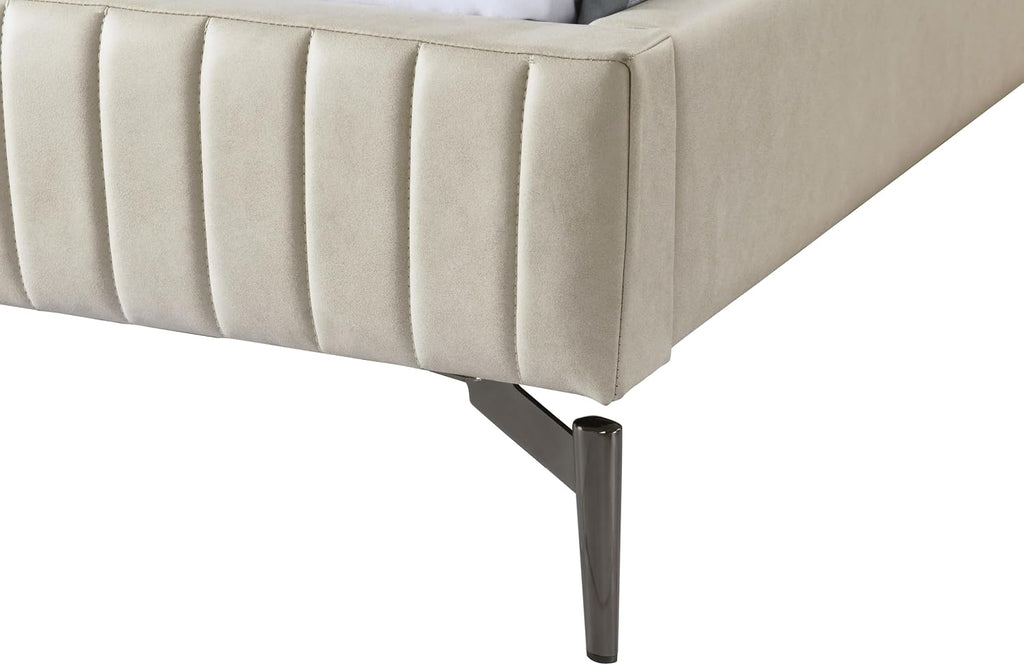 Meridian Furniture GalloBeige-Q Gallo Collection Modern | Contemporary Queen Bed with Soft Beige Vegan Leather, Deep Channel Tufting and Black Metal Legs, 65.5' W x 89' D x 43.5' H, Beige, Queen